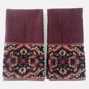 2 Vintage Ralph Lauren Brentford Border Burgundy Hand Towels 100% Cotton‎ NOS